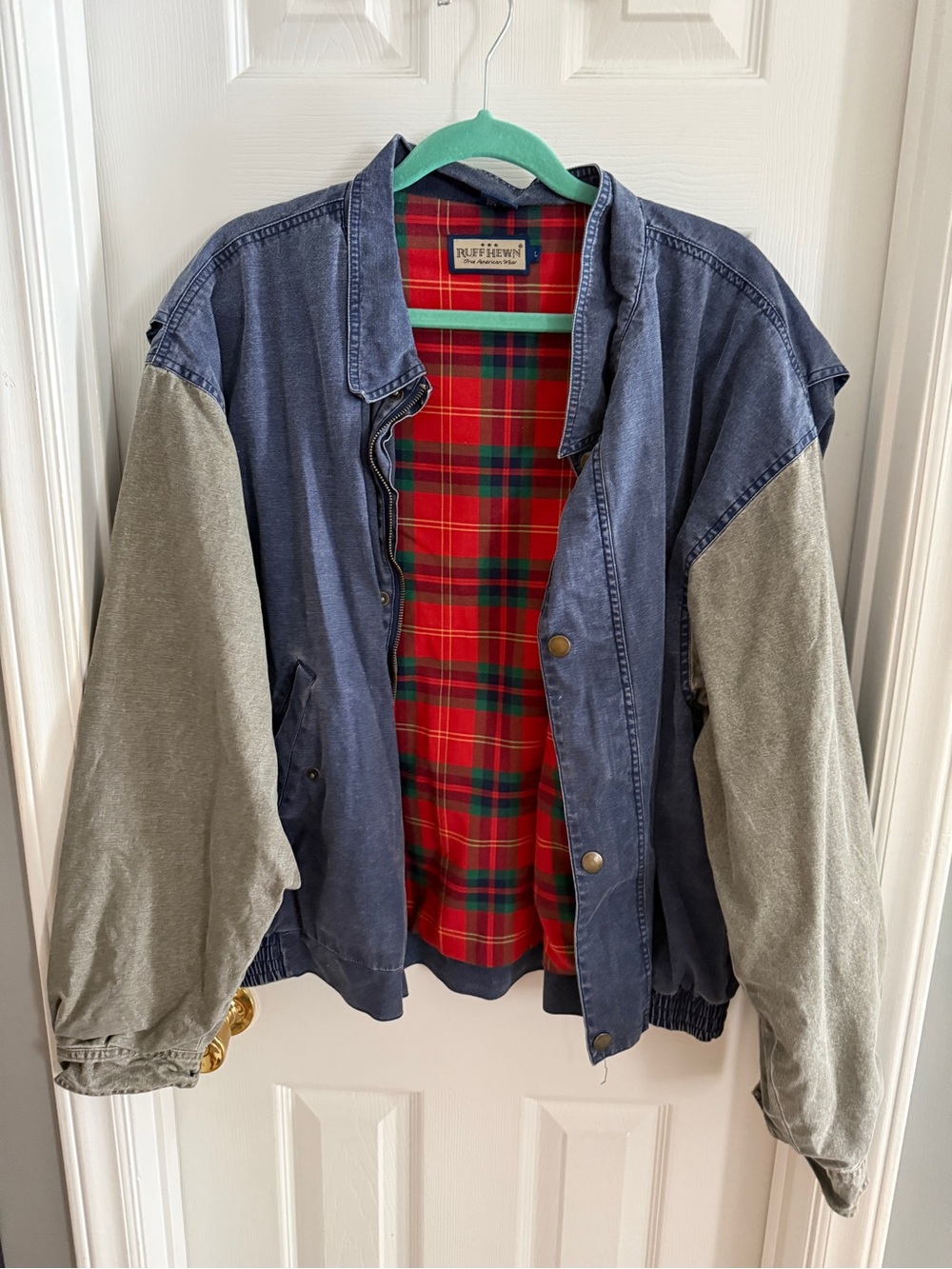 Ruff Hewn Blue Denim Jacket with Gray Sleeves and Red Plaid Lining